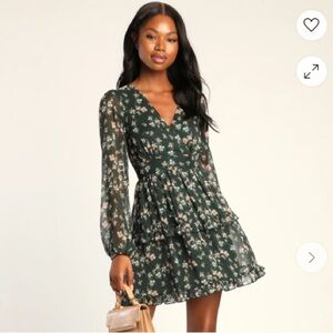 Lulu’s Darling Attitude Dark Green Floral Print Long Sleeve Mini Dress Size XS